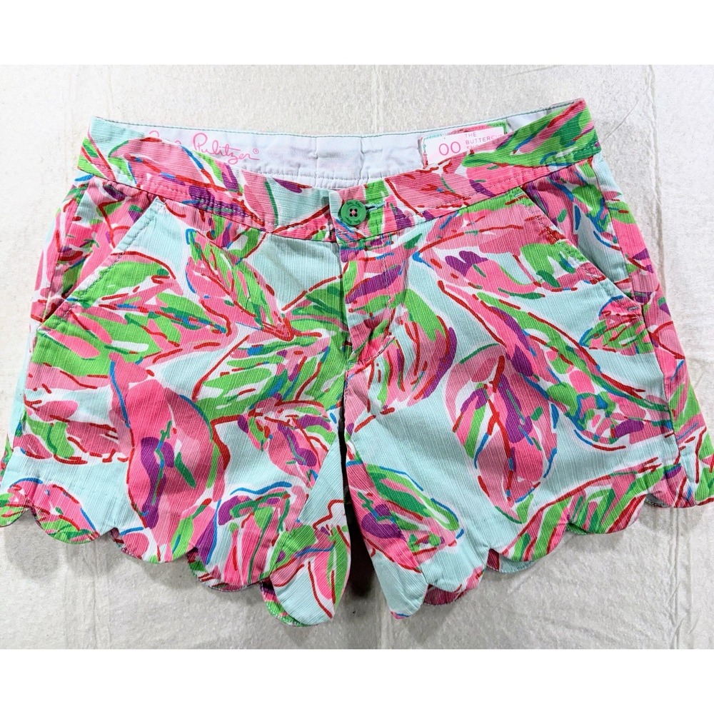 Lilly Pulitzer Buttercup Scallop Hem Shorts - Colorful Pink Green Leaves Size 00